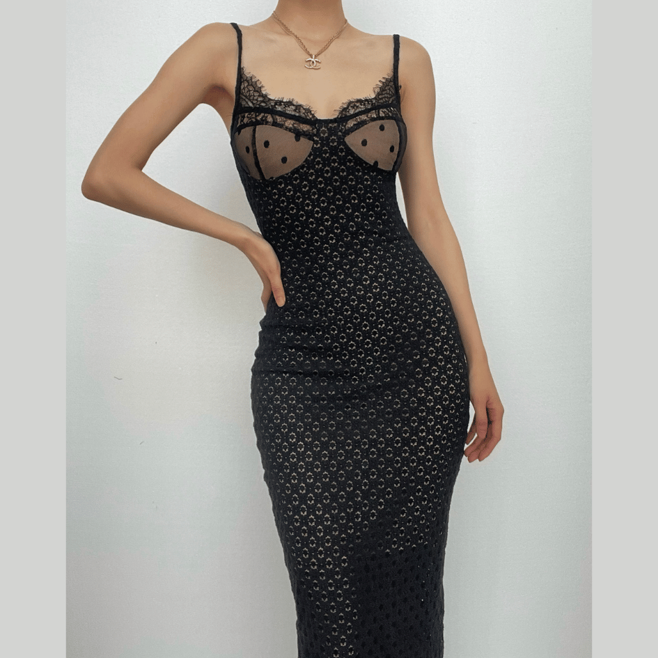 Polka Dot Mesh Bust Lace Trim Spaghetti Strap Eyelet Midi Dress