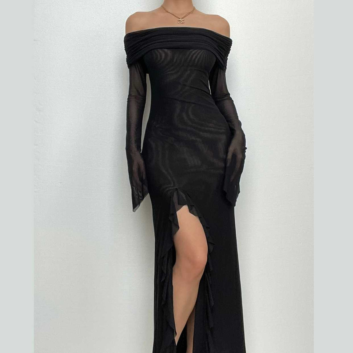 Off Shoulder Ruched Mesh Long Sleeve High Slit Ruffle Trim Maxi Dress 2