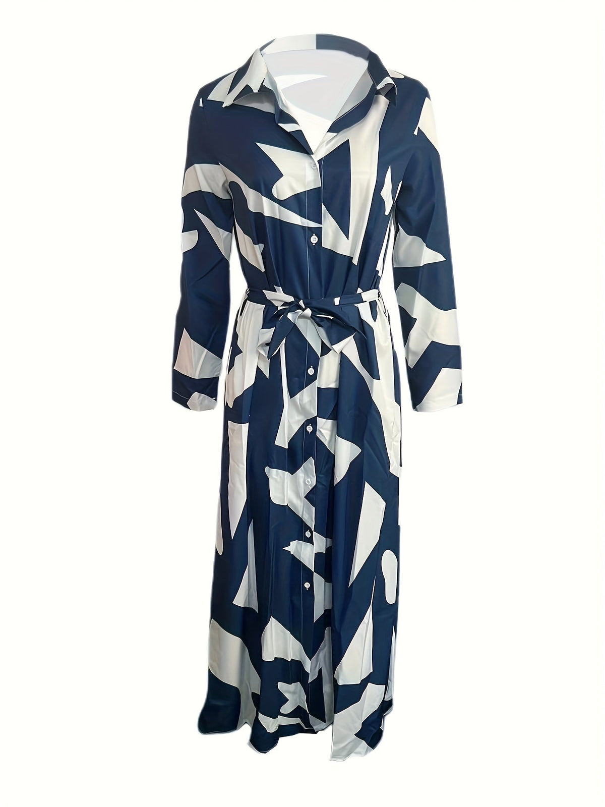 Marble Print Long Sleeve Belted Button Front Shirt Maxi Dress 2