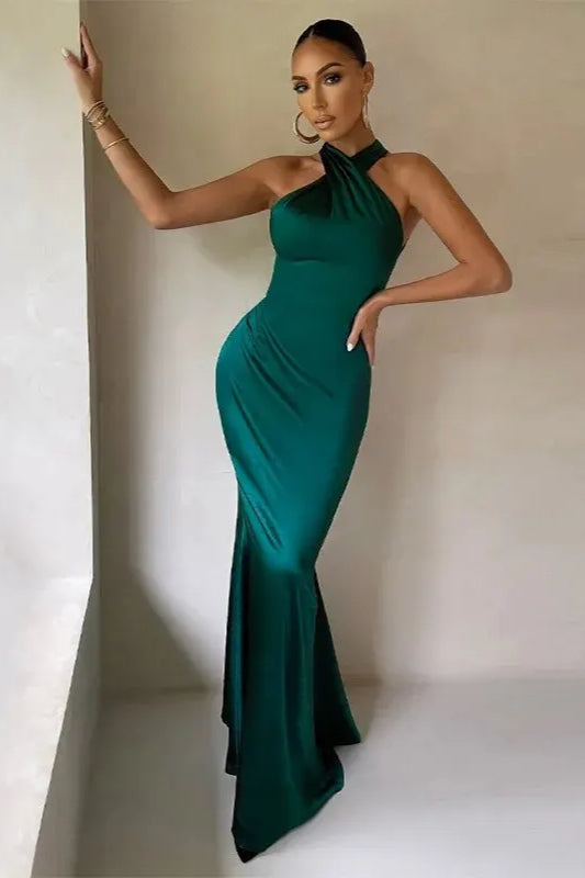 Crossover Halter Neck Mermaid Satin Maxi Gown 4