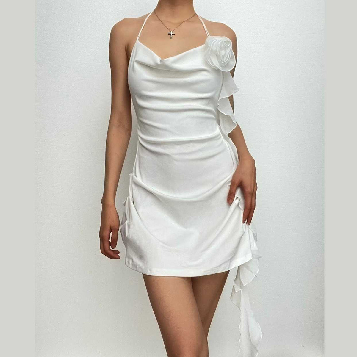 Halter Cowl Neck 3D Flower Applique Ruched Cascading Ruffle Mini Dress