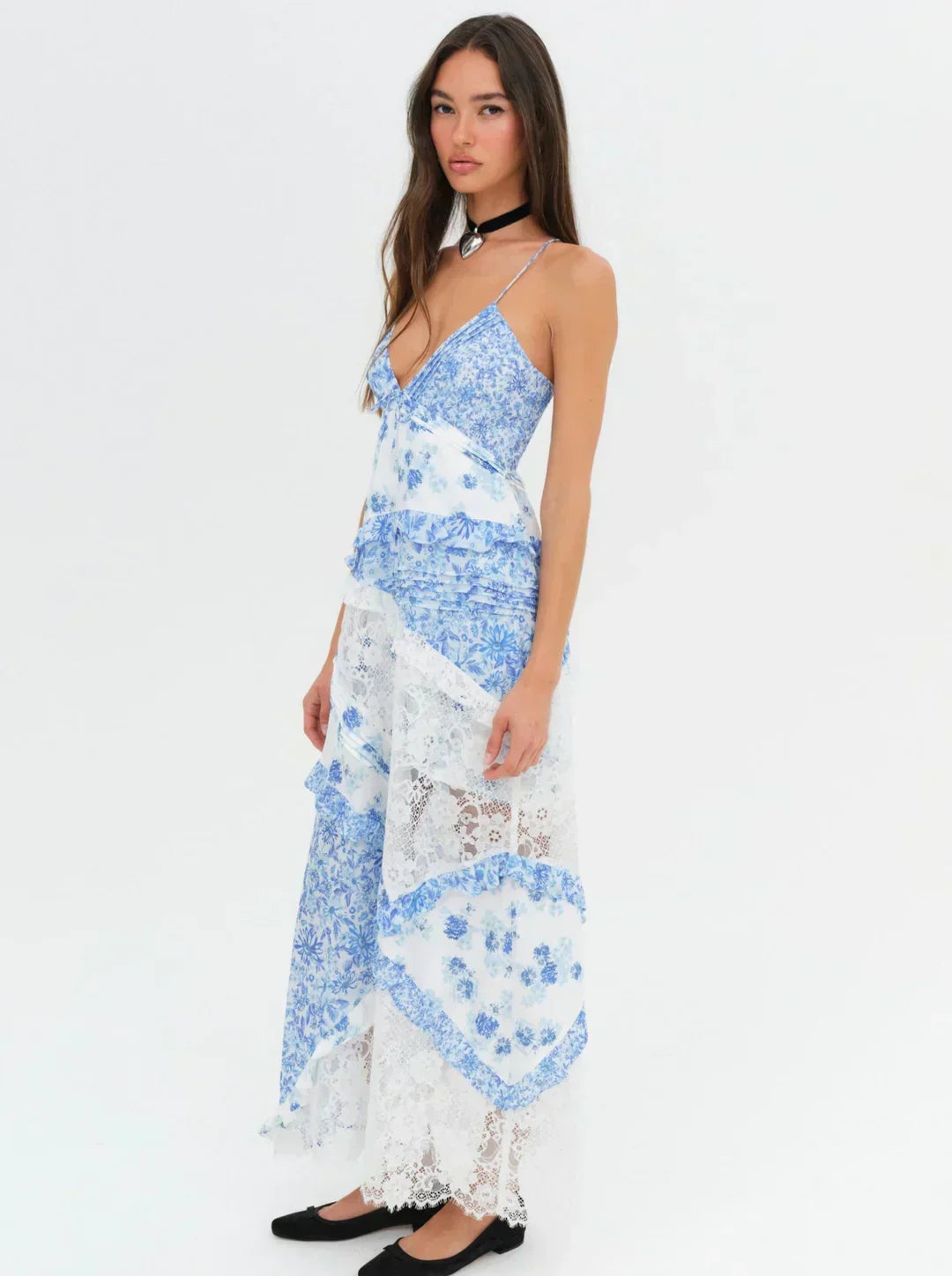 Plunging V-Neck Spaghetti Strap Floral Lace Panel Handkerchief Maxi Dress 2