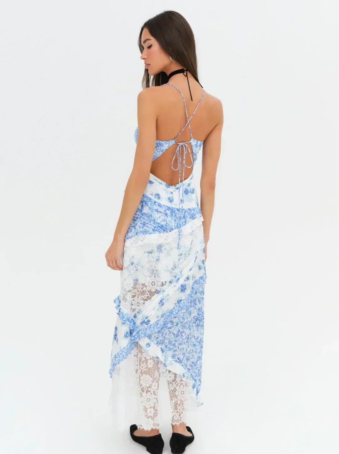 Plunging V-Neck Spaghetti Strap Floral Lace Panel Handkerchief Maxi Dress 3