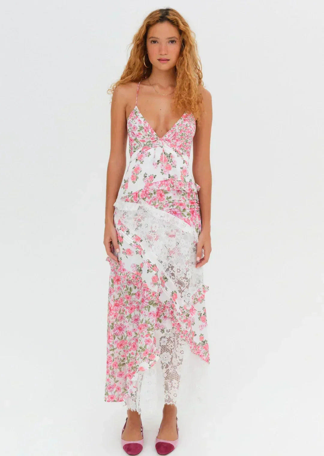 Plunging V-Neck Spaghetti Strap Floral Lace Panel Handkerchief Maxi Dress 8