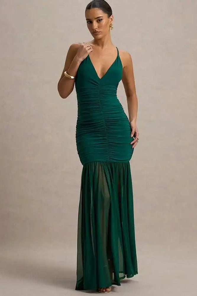 Deep V-Neck Spaghetti Strap Ruched Sheer Mesh Skirt Maxi Dress 7
