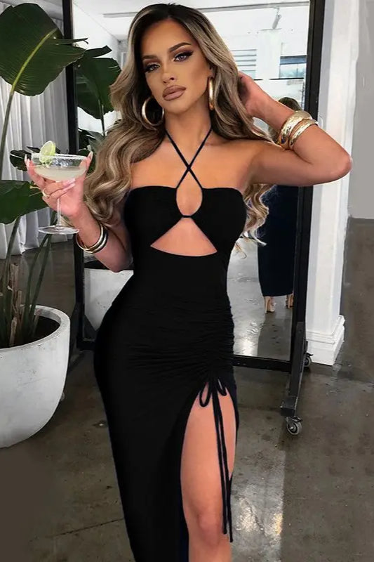 Halter Crossover Cutout Midriff Ruched Drawstring Side Slit Bodycon Midi Dress 6