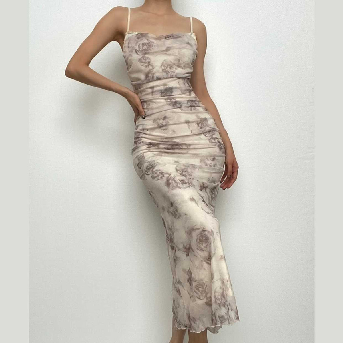 Square Neck Spaghetti Strap Ruched Floral Print Mesh Overlay Maxi Dress