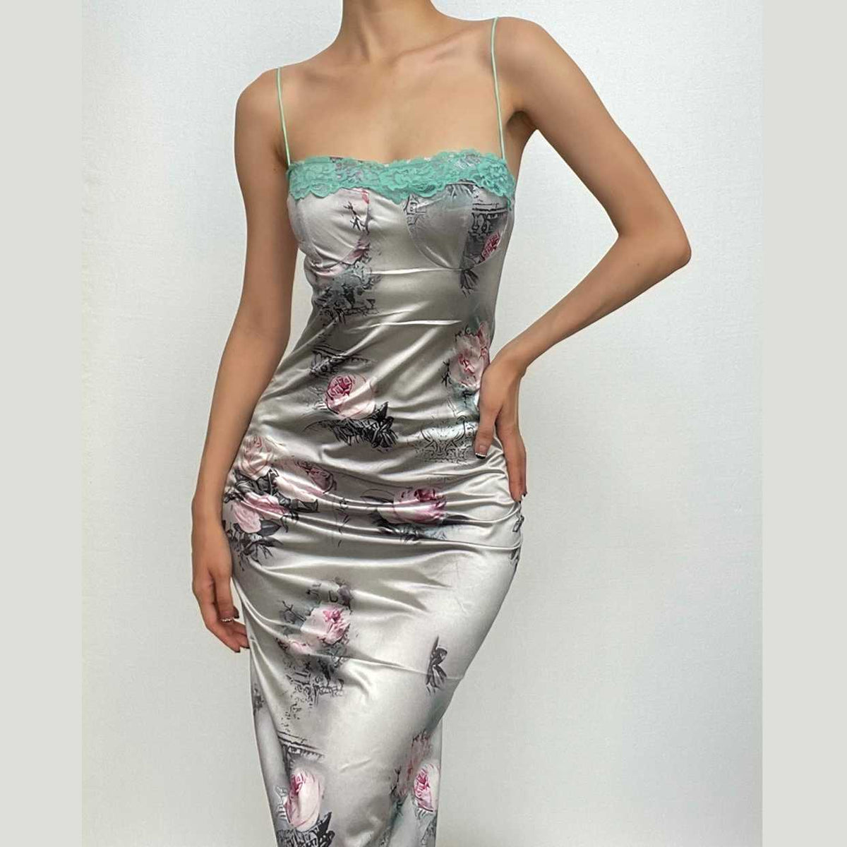Spaghetti Strap Lace Trim Print Satin Slip Maxi Dress