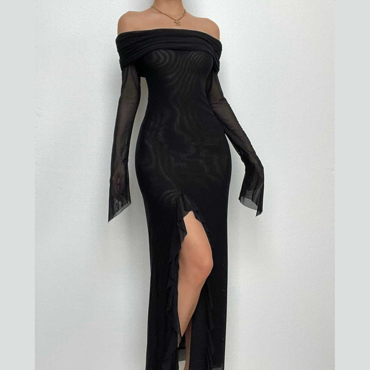 Off Shoulder Ruched Mesh Long Sleeve High Slit Ruffle Trim Maxi Dress