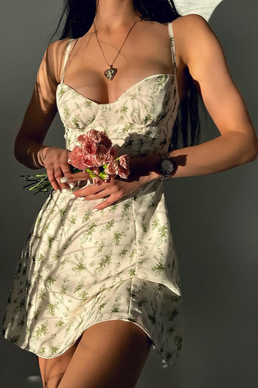 Ditsy Floral Sweetheart Bustier Spaghetti Strap Fit and Flare Mini Dress 2