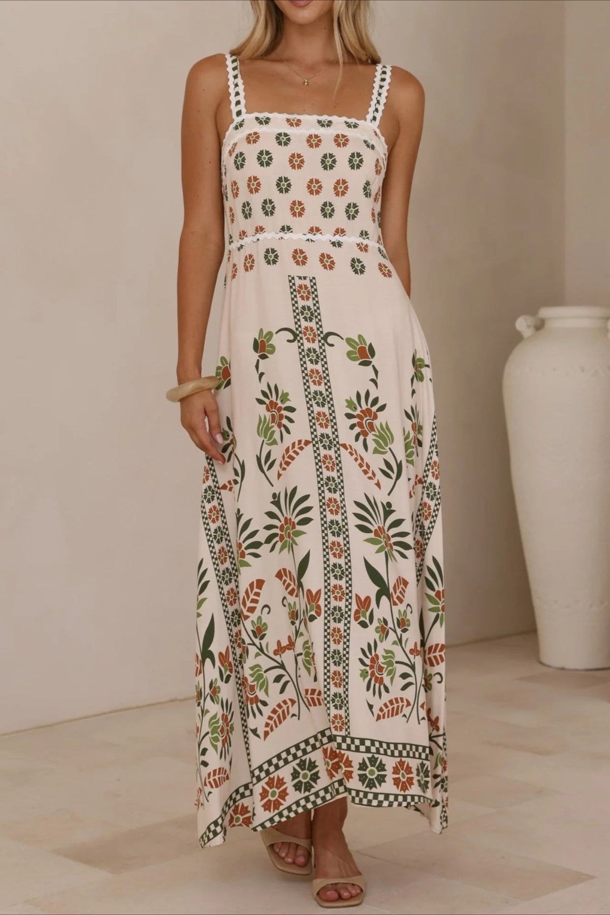 Scalloped Trim Square Neck Panel Print Border Hem Maxi Dress 11
