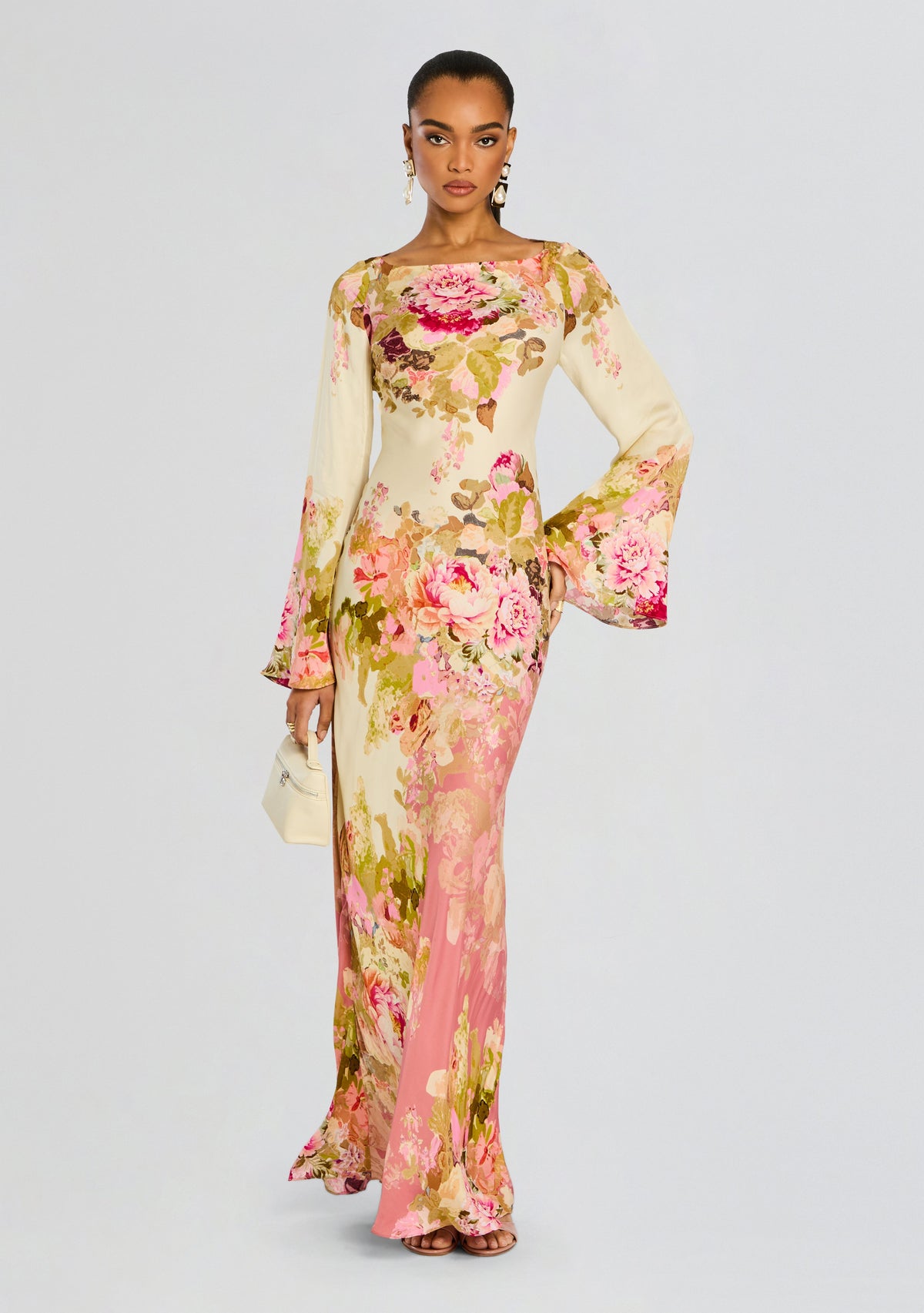 Boat Neck Floral Print Long Sleeve Bell Cuff Bodycon Maxi Dress