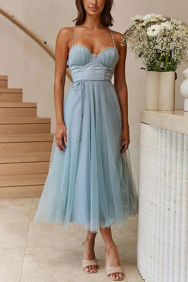 Sweetheart Neck Spaghetti Strap Corset Lace Up Tulle Skirt Midi Dress 16