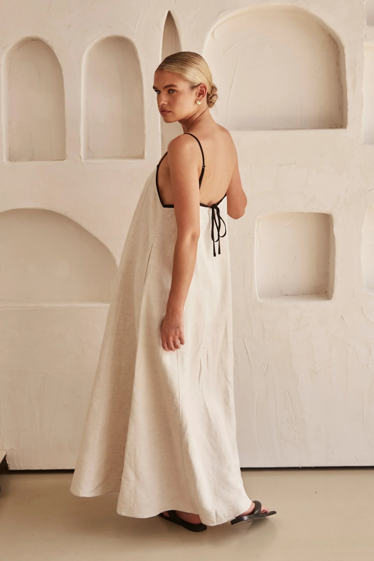 Square Neck Thin Strap Contrast Piping Linen A-Line Maxi Dress 8