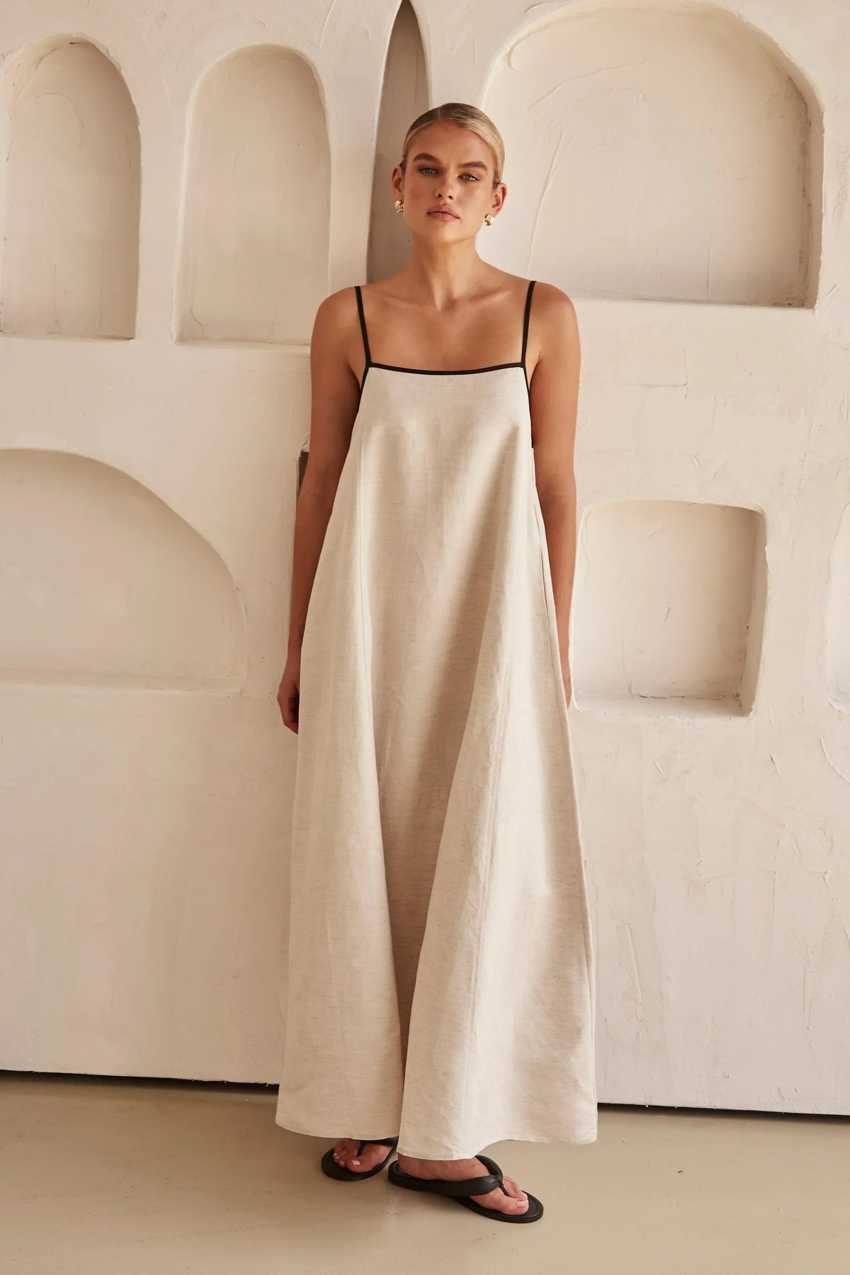 Square Neck Thin Strap Contrast Piping Linen A-Line Maxi Dress 5