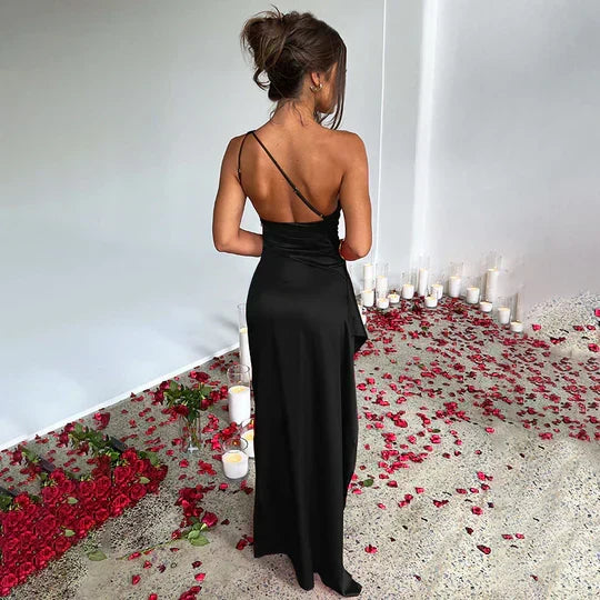 Satin One-Shoulder Ruched Bodice High Slit Column Maxi Gown 4