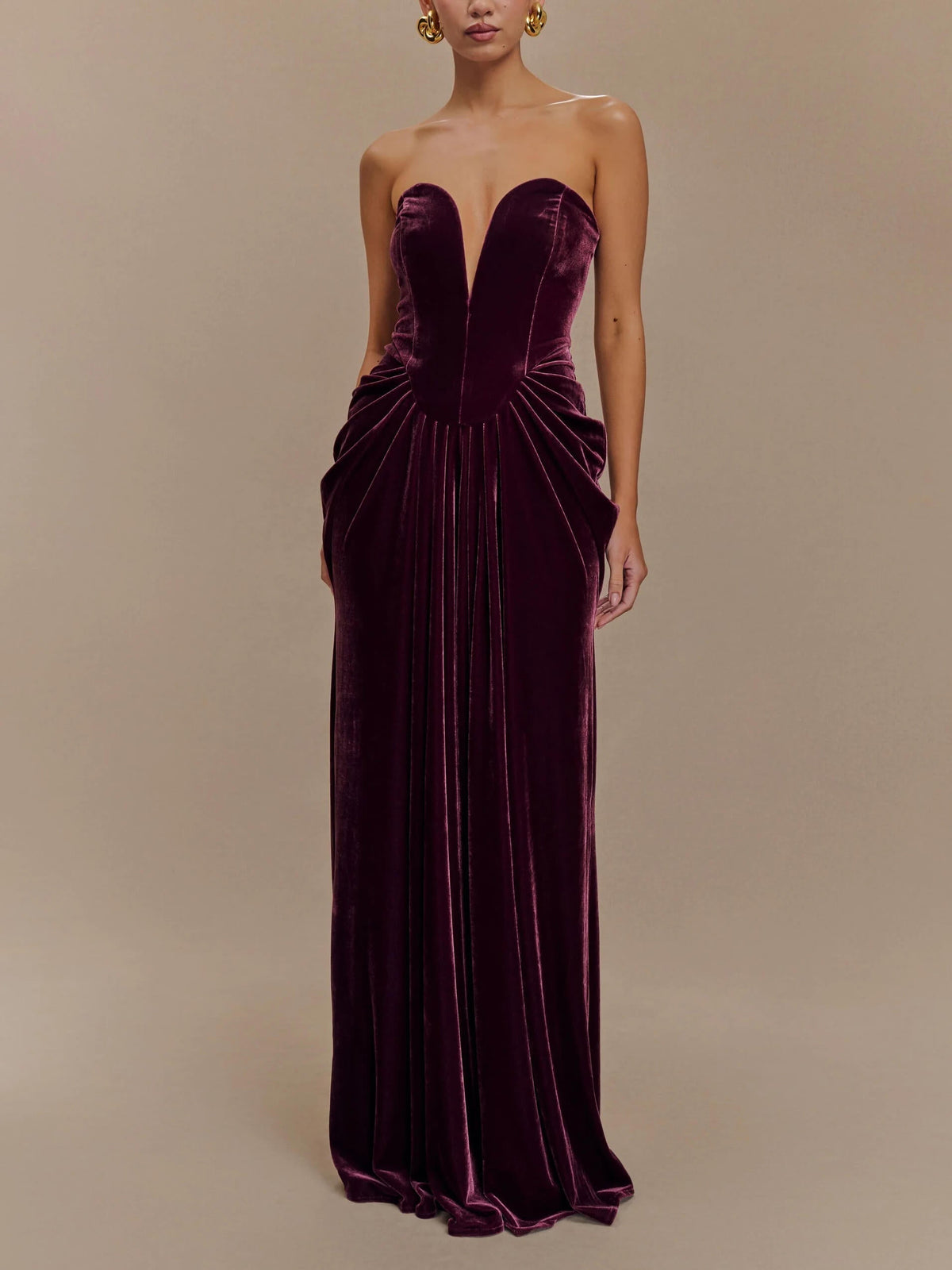 Strapless Deep V Gathered Drape Front Velvet Maxi Dress 2