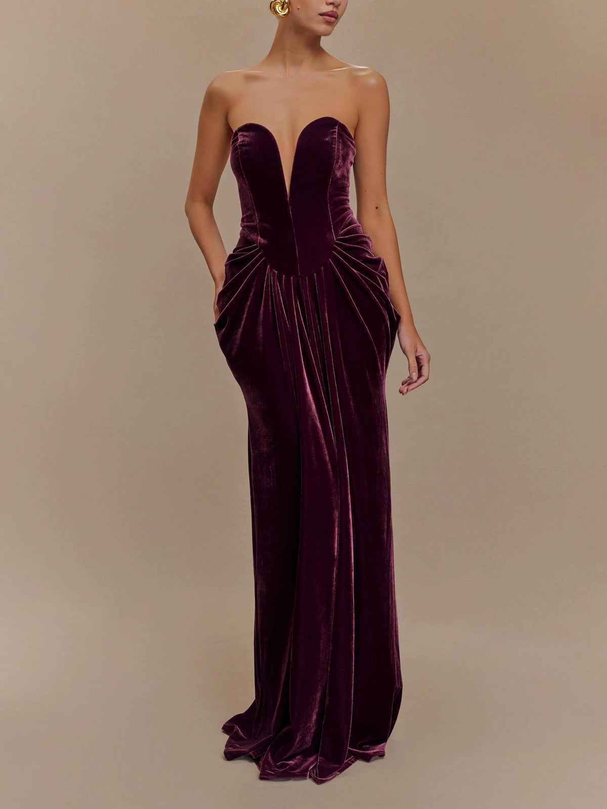 Strapless Deep V Gathered Drape Front Velvet Maxi Dress 3