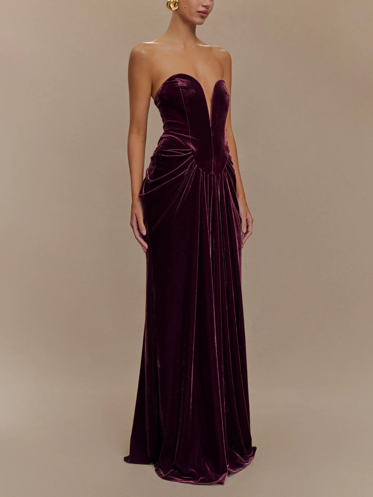 Strapless Deep V Gathered Drape Front Velvet Maxi Dress 4