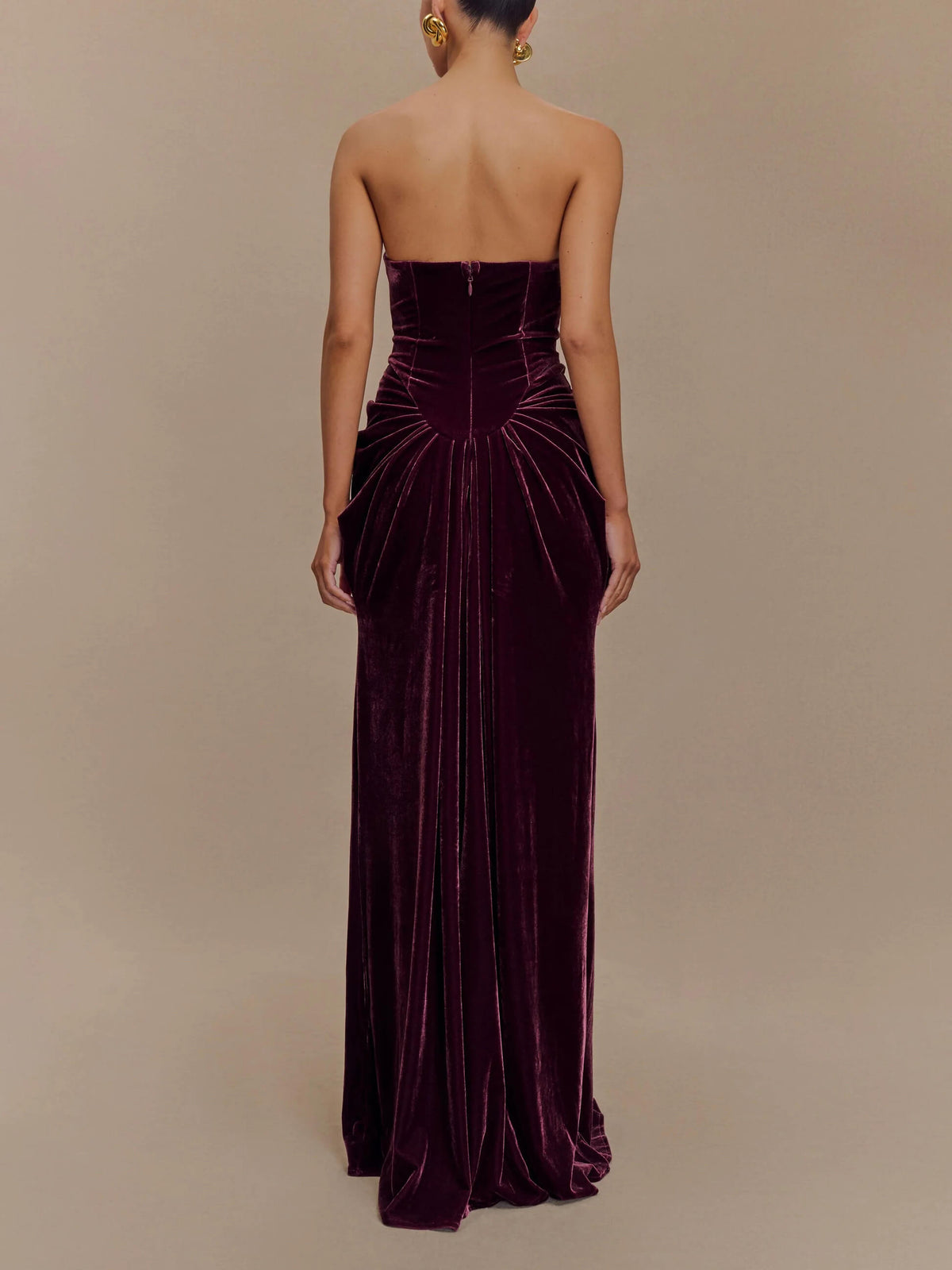 Strapless Deep V Gathered Drape Front Velvet Maxi Dress 5