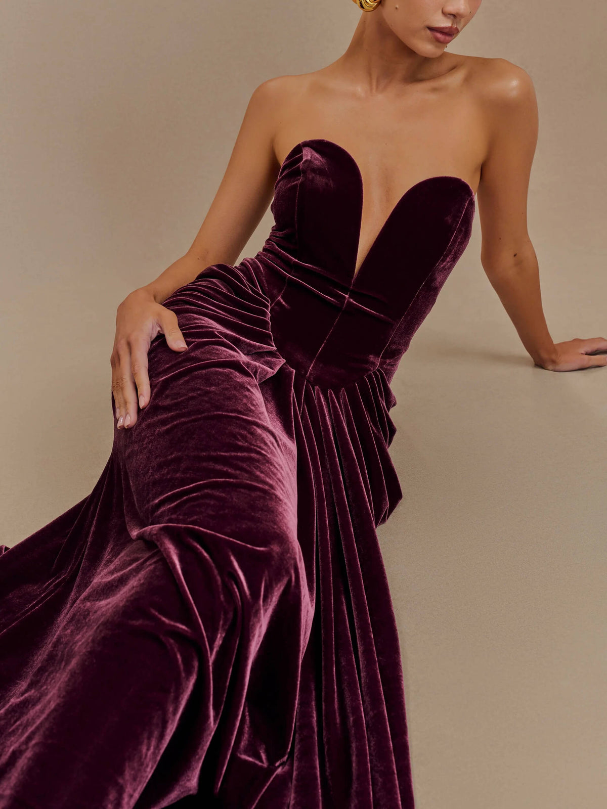 Strapless Deep V Gathered Drape Front Velvet Maxi Dress 6