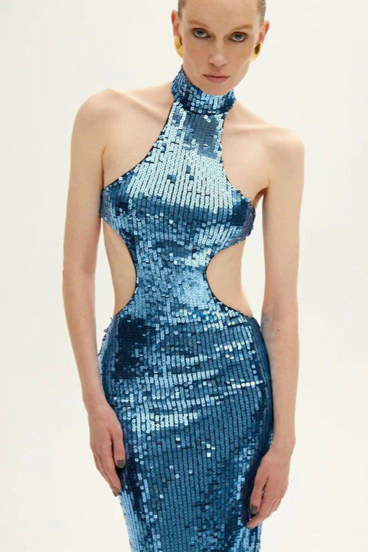 Sequin Halter Neck Waist Cut Out Bodycon Mini Mini Dress