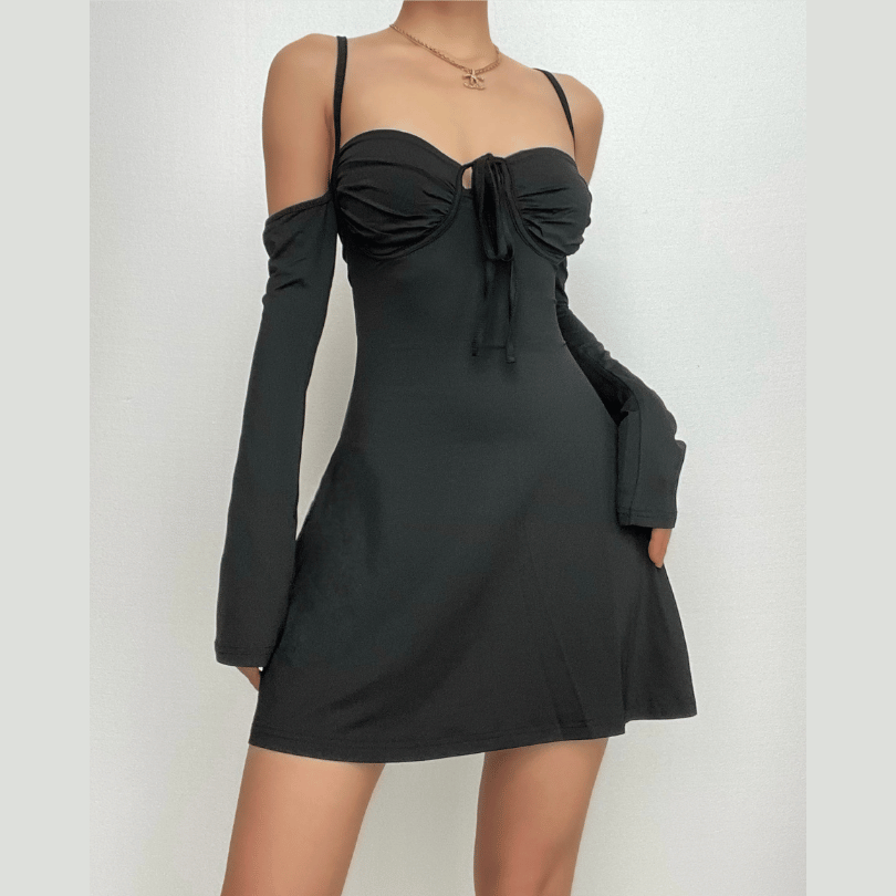 Sweetheart Tie Front Cold Shoulder Long Sleeve A-Line Mini Dress