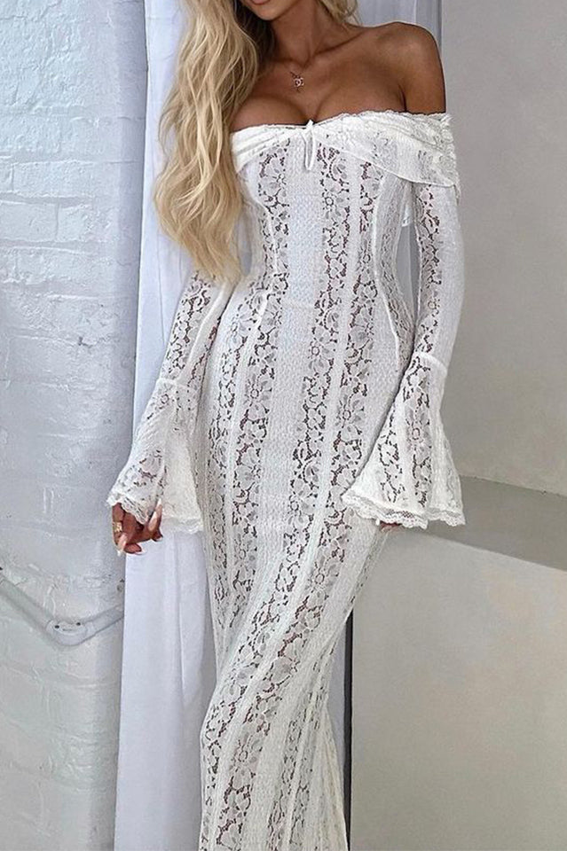 Off Shoulder Lace Bell Sleeve Drawstring Neck Bodycon Maxi Dress 3