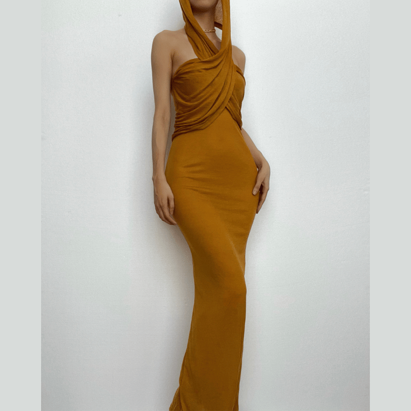 Hooded Cross Halter Ruched Sheer Overlay Bodycon Maxi Dress 3