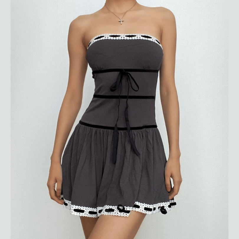 Strapless Velvet Band Bow Eyelet Lace Trim Drop Waist Tube Mini Dress