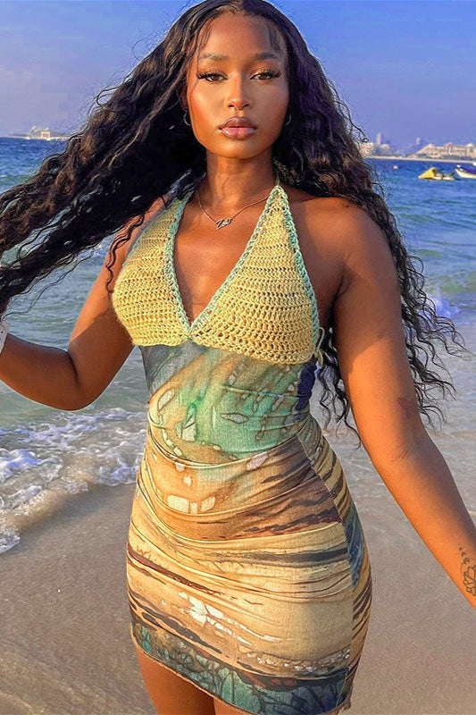 Crochet Halter Abstract Print Mesh Ruched Bodycon Mini Dress 2