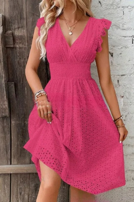 Eyelet Lace V-Neck Ruffle Cap Sleeve Smocked Waist A-Line Midi Dress 6