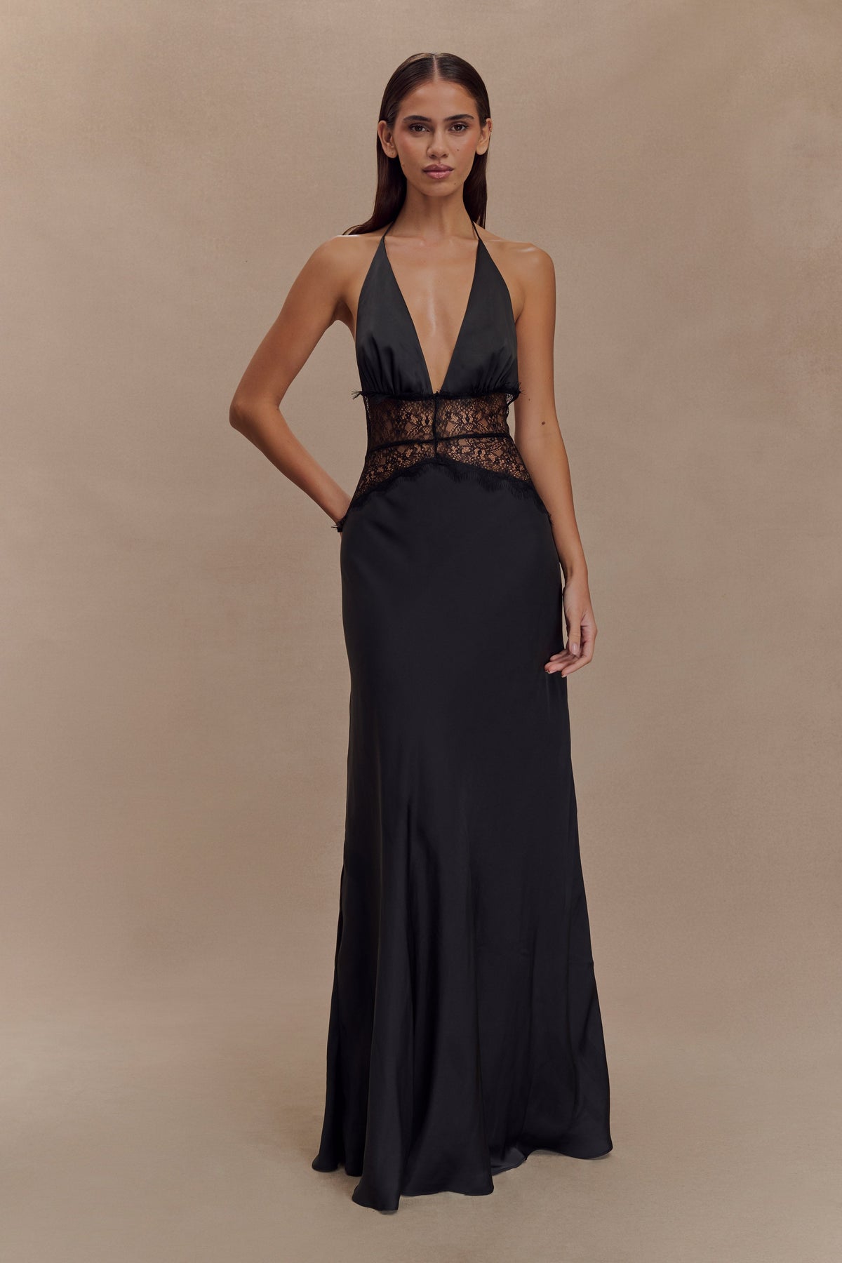 Halter Deep V Neck Lace Midriff Panel Satin Maxi Gown