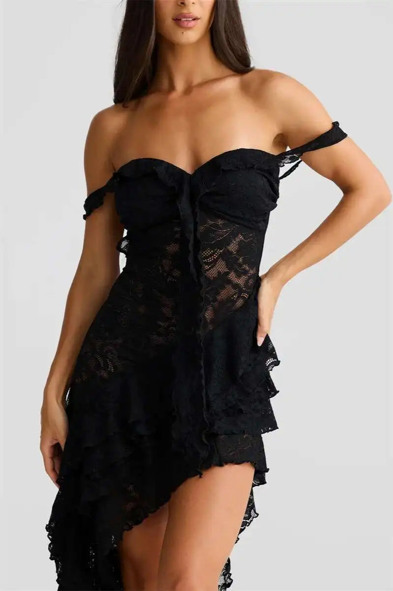 Floral Lace Off-Shoulder Tie-Front Tiered High-Low Ruffle Midi Dress 8