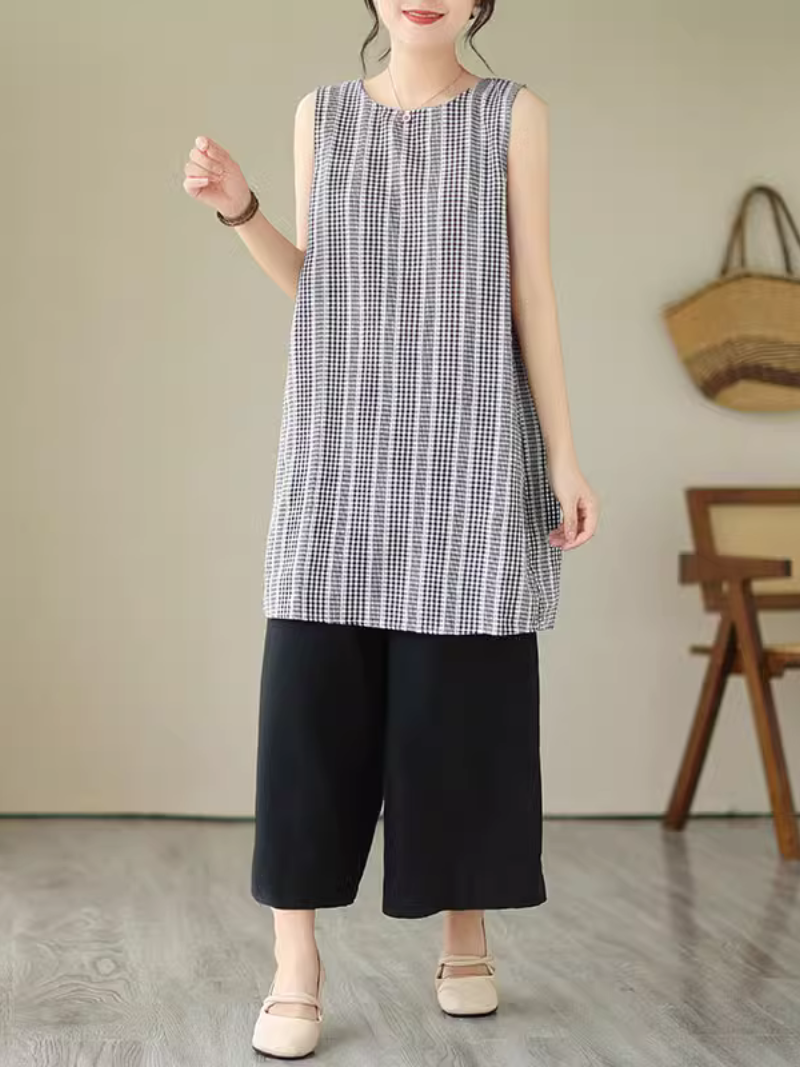 Sleeveless Crew Neck Vertical Gingham Stripe Shift Mini Dress 4