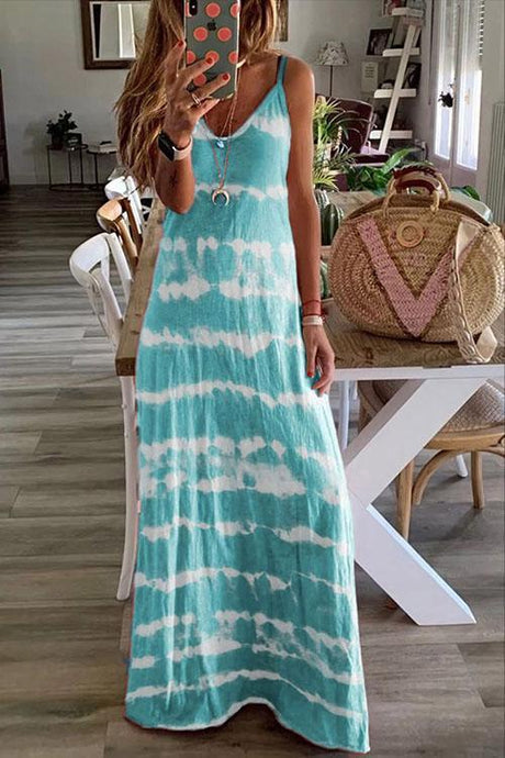 Tie-Dye Print Spaghetti Strap Deep V-Neck Boho Maxi Dress 3