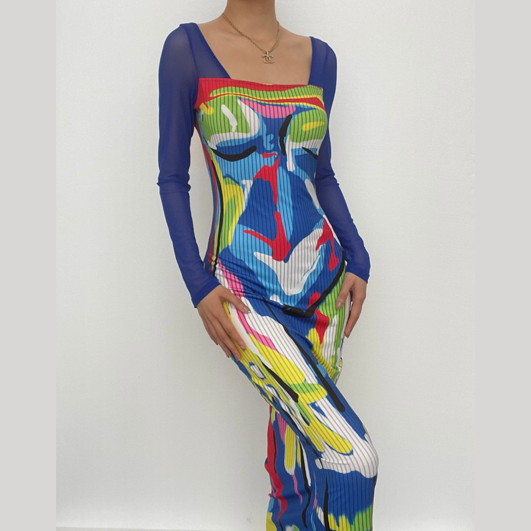 Square Neck Long Sleeve Abstract Face Print Mesh Sleeve Bodycon Maxi Dress