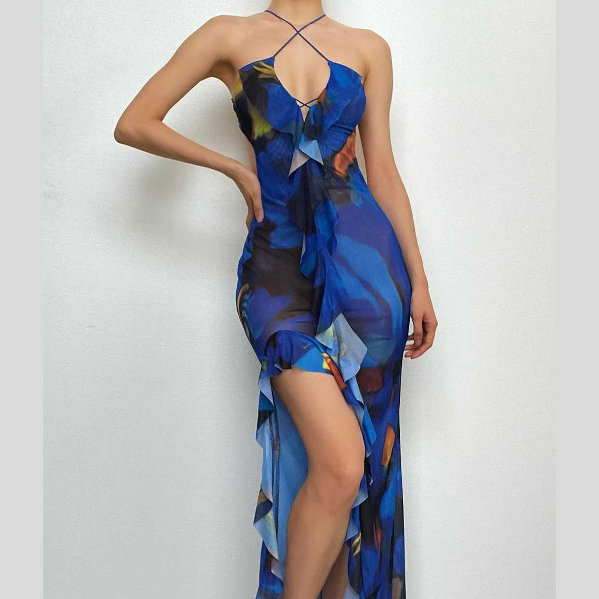 Abstract Floral Print Halter Ruffle Trim High Slit Maxi Dress