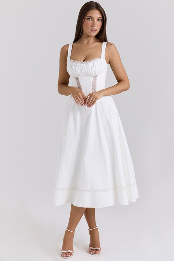 Lace Trim Corset Bodice Wide Strap Fit and Flare Midi Dress 4