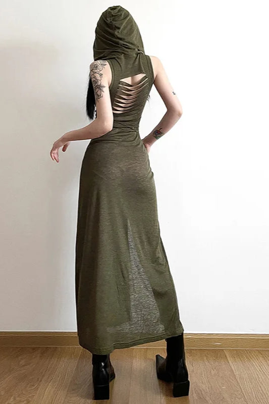 Hooded Cowl Neck Tie-Waist Double Slit Sleeveless Midi Dress 4