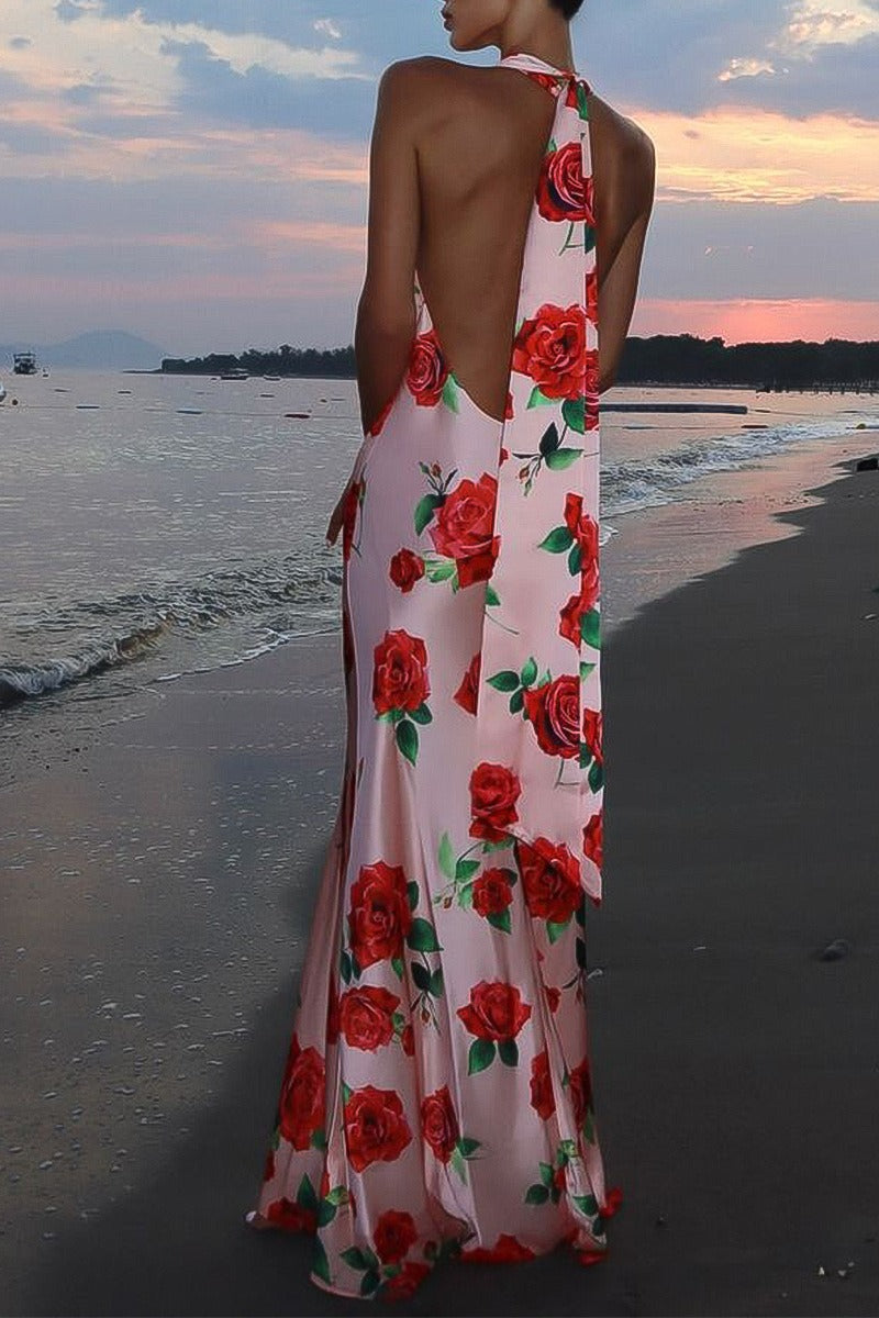 Floral Print Satin Halter Neck Cowl Backless Maxi Dress 3