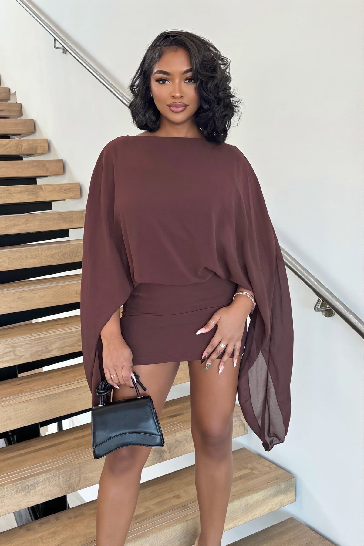 Boat Neck Sheer Batwing Cape Sleeve Draped Blouson Bodycon Mini Dress 2