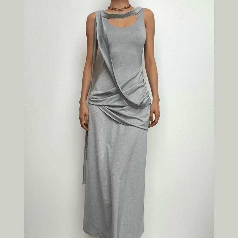 Choker Band Asymmetrical Draped Ruched Hip Sleeveless Column Maxi Gown