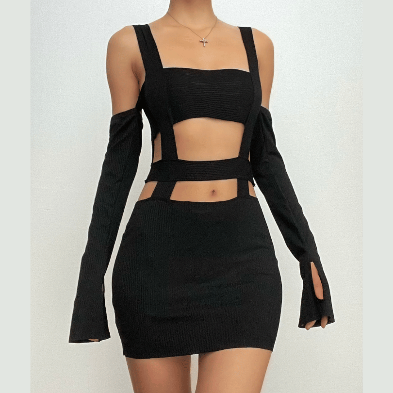 Square Neck Cutout Rib Knit Long Sleeve Mini Dress