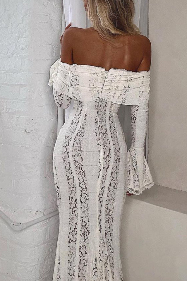 Off Shoulder Lace Bell Sleeve Drawstring Neck Bodycon Maxi Dress 4