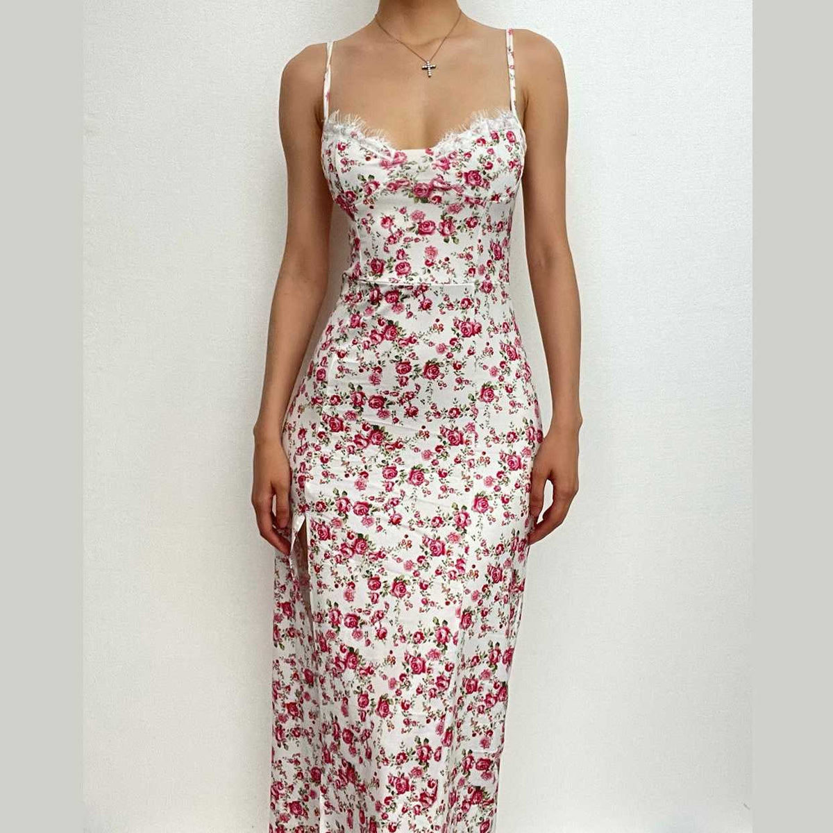 Sweetheart Neck Lace Trim Floral Print Side Slit Bodycon Midi Dress 2