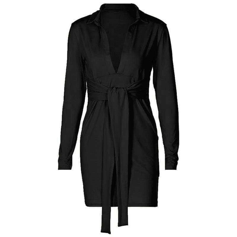 Deep V Neck Collar Tie Waist Long Sleeve Mini Dress 7