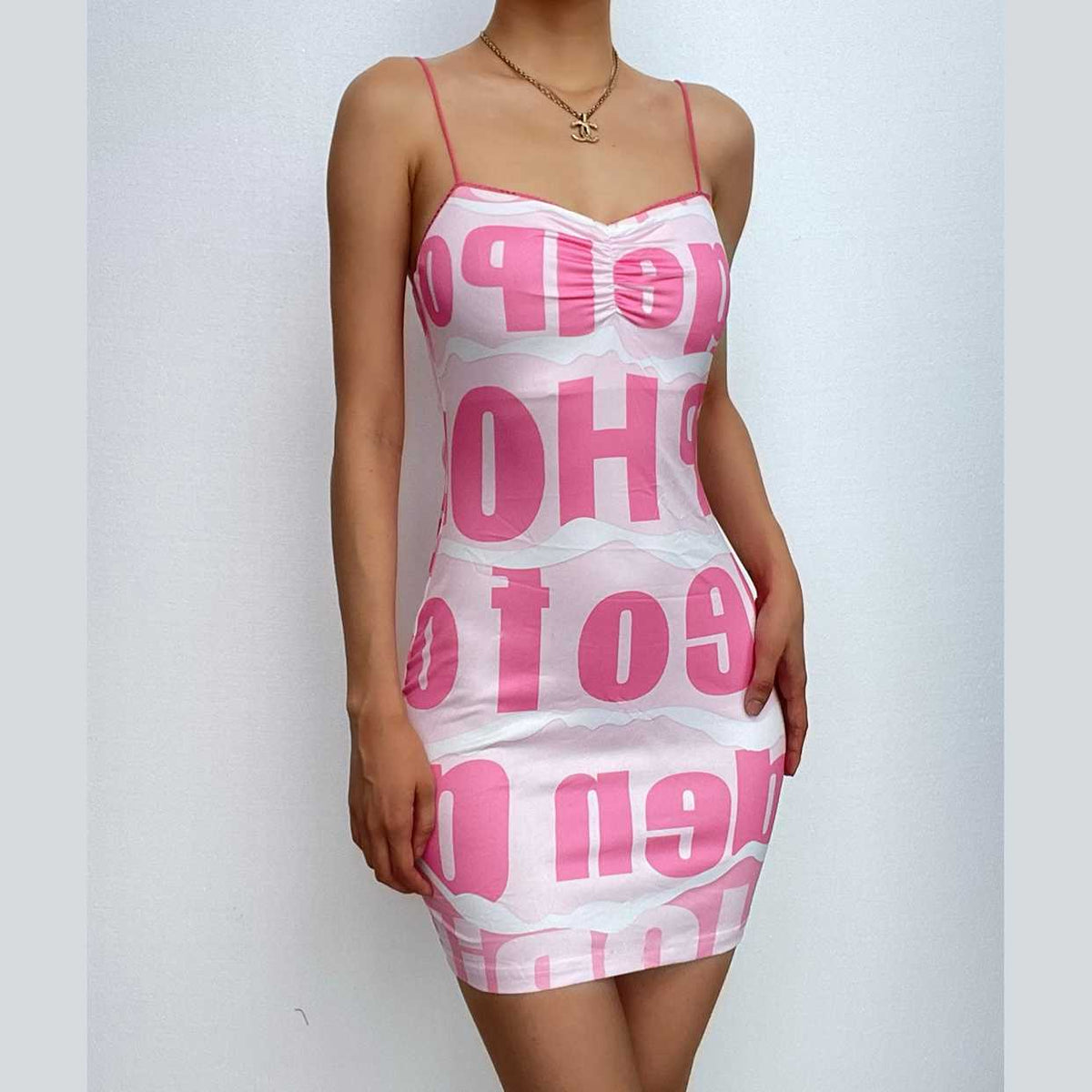 Graphic Letter Print Ruched Bust Spaghetti Strap Bodycon Mini Dress