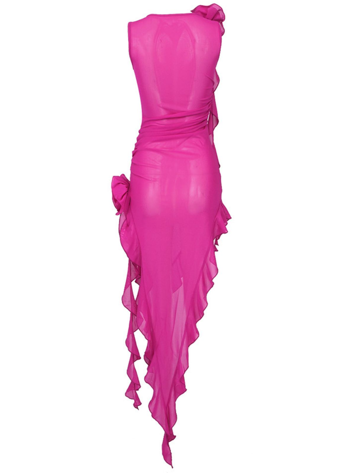 Crew Neck 3D Rosette Ruffle Trim Asymmetrical Hem Mesh Midi Dress 7