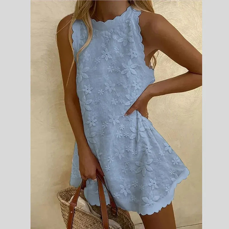 High Neck Scalloped Trim Floral Embroidery Sleeveless A-Line Mini Dress 3